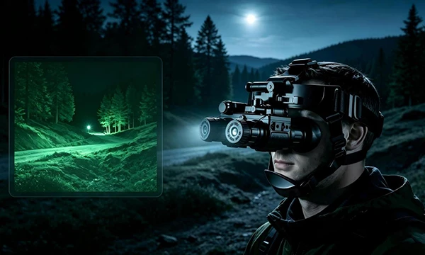 Lunettes binoculaires de vision nocturne mont&eacute;es sur la t&ecirc;te